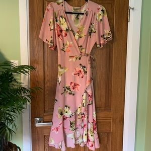 Pink Floral Midi Wrap Dress